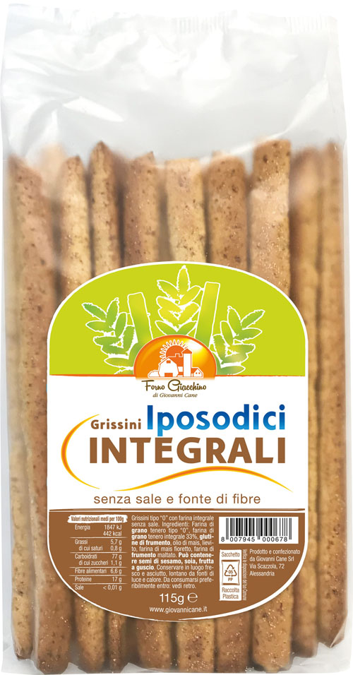 GRISSINI IPOSODICI MADE WITHOUT SALT AND WITH WHOLE WHEAT FLOUR 115g